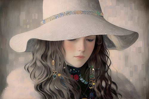 Femme élégante avec bijoux et chapeau à rabat en gris et beige