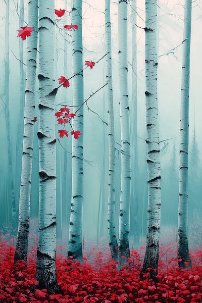 Bäume im Nebel mit roten Blättern von Poster Art Shop