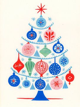 Retro Christmas tree with blue, red and green ornaments in graphic style