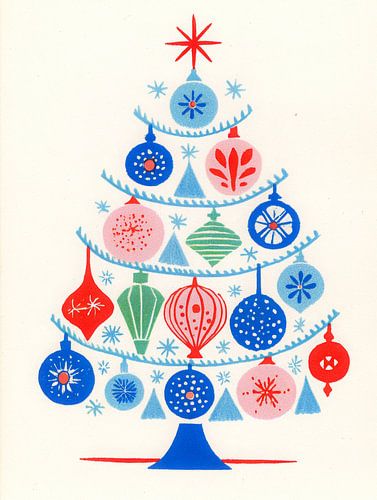 Retro-Weihnachtsbaum mit blauen, roten und grünen Ornamenten im grafischen Stil von But First Framing