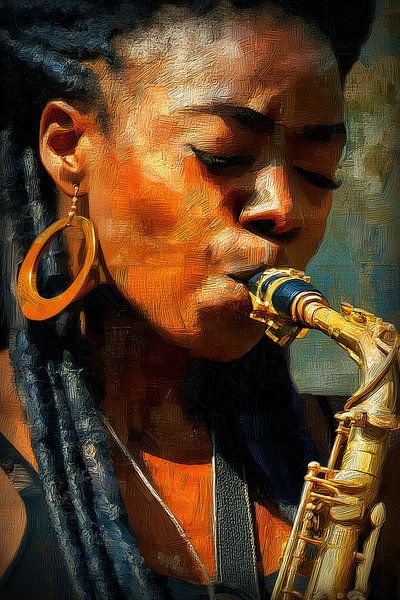 Vrouw met saxofoon in warm licht van Steinfox Art