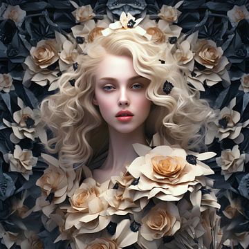 Model gewikkeld in papieren rozen van Rosa Piazza