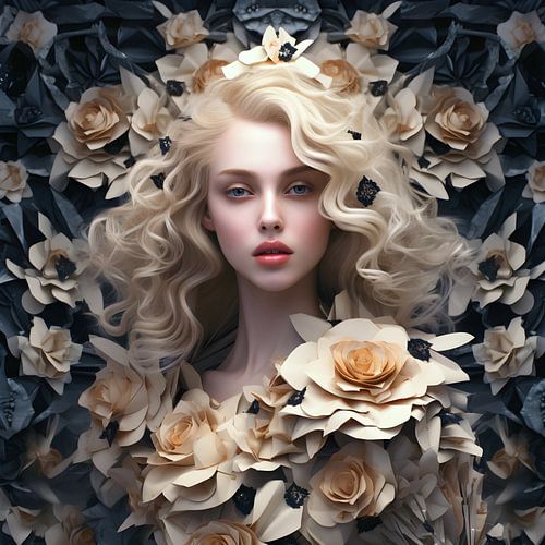 Model wrapped in paper roses