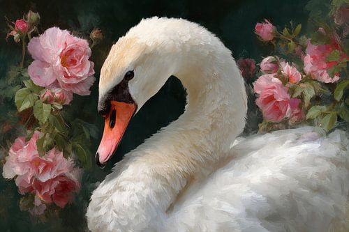 Portrait of a Swan among Pink Roses no. 1
