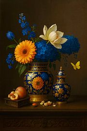 Delft blue - Royal blue - flowers in gold vase by Kleurenrijk