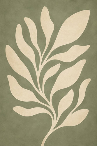 Wandbild im botanischen Stil in Salbeigrün – Minimalistisches, abstraktes Blattmotiv – Neutrale, moderne Naturdekoration