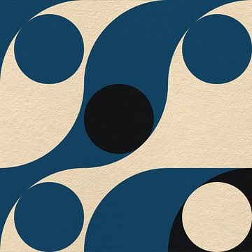 Moderne abstrakte minimalistische Retro-Kunst mit geometrischen Formen in Blau, Schwarz und Beige von Dina Dankers