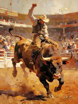 Cowboy und Stier - Fine Art Ölgemälde von Mellow Art
