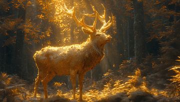 Lichtgevend hert in een zonovergoten bos van artefacti