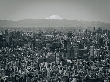 Contrasten in Perspectief: Tokyo's Skyline met de Eeuwige Tegenhanger, Mount Fuji van Collin Arts