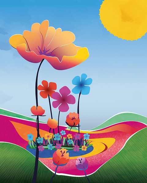 Bloemen in de zon kleurrijk landschap van Tanja Udelhofen