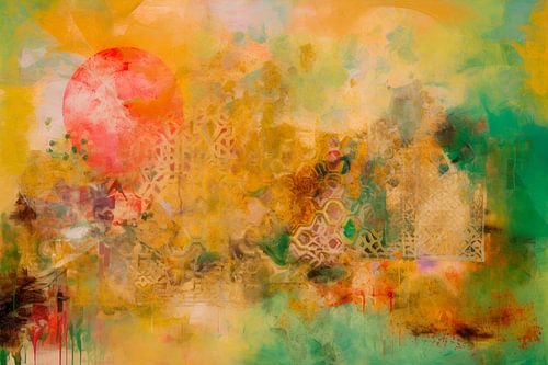 Abstract schilderij, goud, geel, groen en oranje