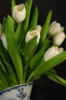 close up bunch of tulips in blue and white vase