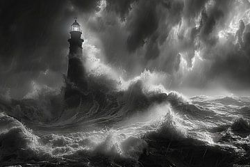 Dramatic coastal lighthouse with stormy seas and dark skies by Felix Brönnimann