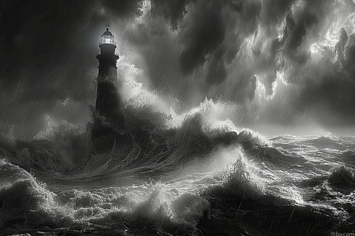 Dramatische vuurtoren aan de kust met stormachtige zeeën en donkere luchten