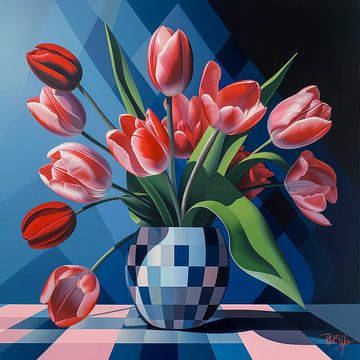 Illustratie van tulpen met geometrische achtergrond van René van den Berg