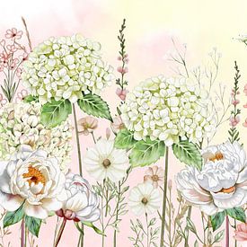 Hortensia en rozen in de tuin van Geertje Burgers