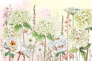 Hortensias et roses dans le jardin