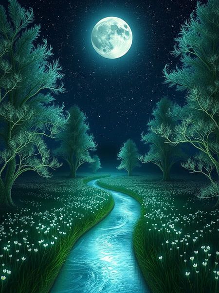 Sérénité au clair de lune : Un ruisseau lumineux à travers une forêt de rêves chuchotants par Artistic