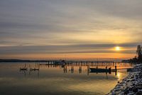 Iznang jetty with fishing boat and fish traps - Lake Constance
