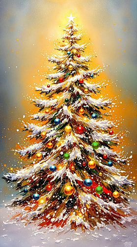 Abstracte kerstboom in de gloeiende stilte van de winter: een scène van licht, sneeuw en dansende vlokken