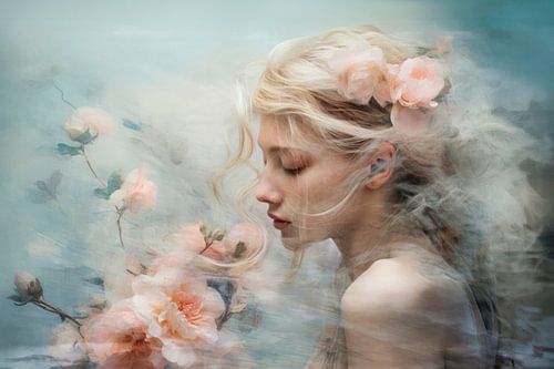 Poëtisch collage portret van vrouw met bloemenkrans – romantisch kunstwerk in pastel roze en crème