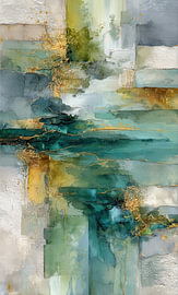 Groen Teal Abstract Schilderij - Krachtig Wonen