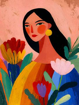 Kleurrijk modern portret van een vrouw met bloemen en warme accenten
