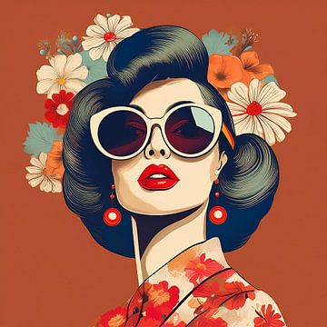 Retrolook portret van een vrouw met bloemen in het haar van Studio Pieternel