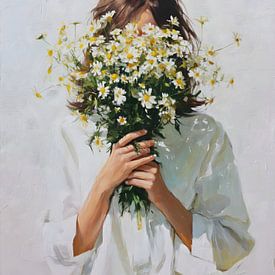 Femme avec un bouquet de marguerites sur IamHome Studio