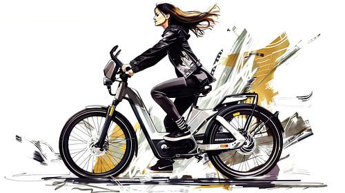 Jonge vrouw op e-bike voor abstracte achtergrond