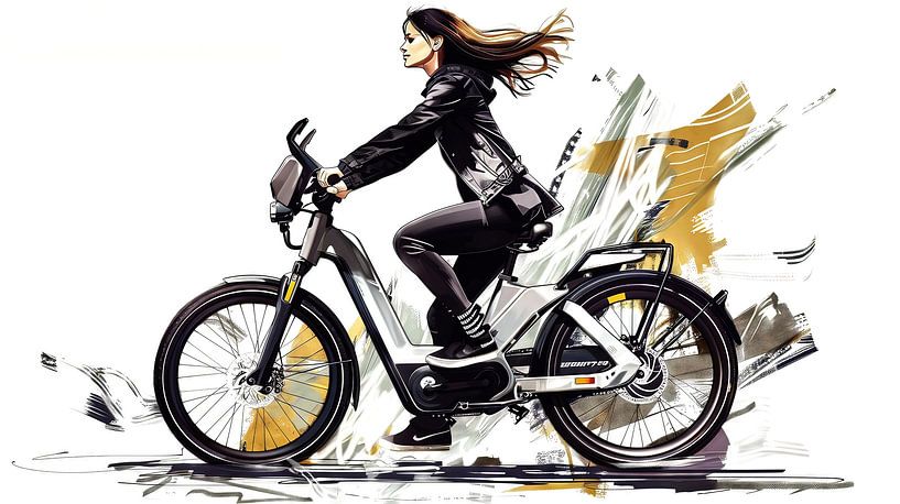 Junge Frau auf E-Bike vor abstraktem Hintergrund von Frank Heinz
