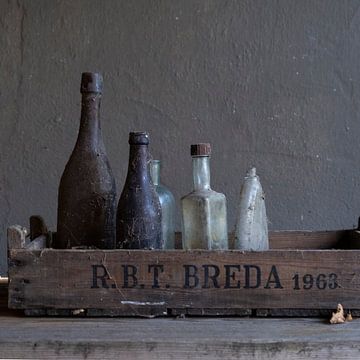Modern still life with old glass bottles [square]. by Affect Fotografie