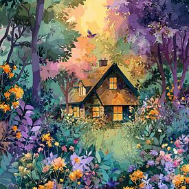 Une maison de forêt idyllique avec des papillons sur Pixelbull Design