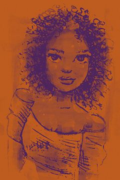 Orange and purple artwork - woman with curls by Emiel de Lange
