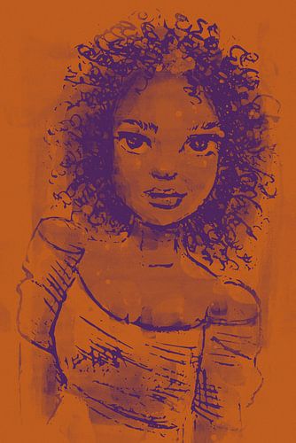 Oranje en paars kunstwerk - vrouw met krullen