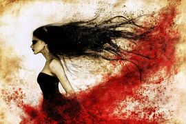 Gothische Frau mit fließendem Haar und roter Farbspritzer von Frank Heinz