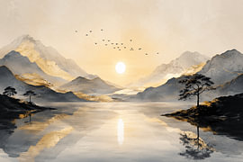 Golden mist over a mountain lake by MNS Designs