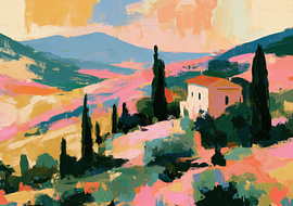 Mediterranean hilly landscape with a house and cypress trees in pastel colours by Niklas Maximilian