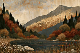 Lac de montagne bordé de cyprès en automne sur Lina van Oers