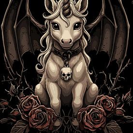 Gothic unicorn with bat wings and roses by Pixelbull Design