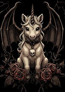 Gothic Einhorn mit Fledermausflügeln und Rosen