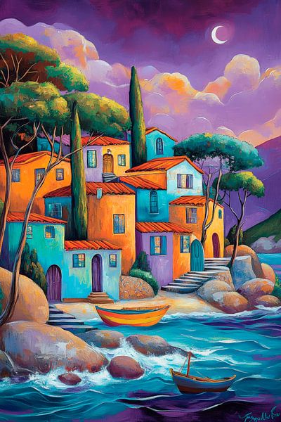 Colourful coastal town in the moonlight - Picturesque by Poster Art Shop