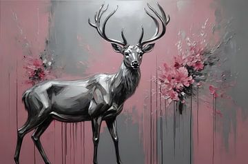 Cerf argenté abstrait dans un champ de fleurs roses sur De Muurdecoratie