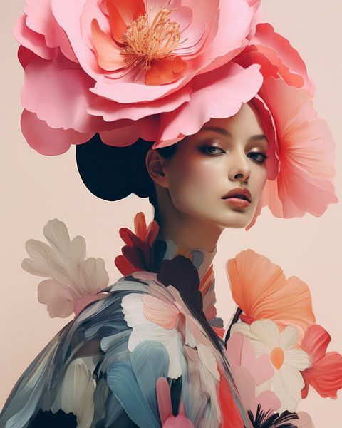 Modern portrait with large flowers by Carla Van Iersel