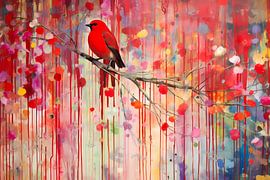 Roodborstje op een tak, Minimalistisch schilderij van Art & Soul Creations