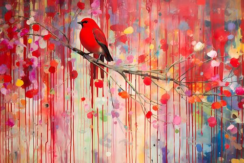 Roodborstje op een tak, Minimalistisch schilderij