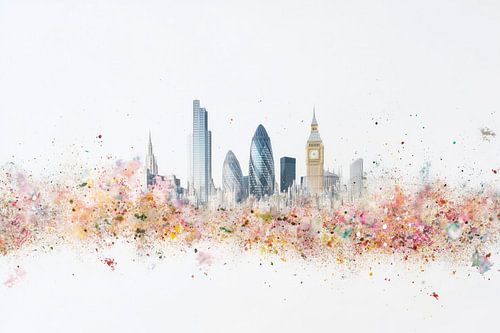 Œuvre d'art minimaliste : horizon de Londres avec explosion florale pastel