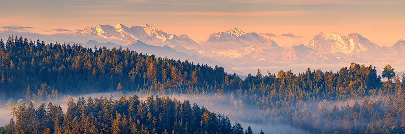 Panorama der Schweizer Alpen bei Sonnenuntergang
