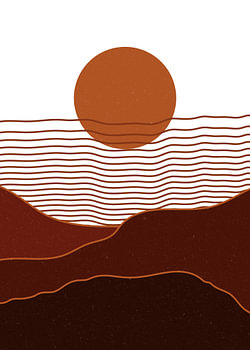Minimalistische boho-kunst met een abstracte weergave van een woestijnlandschap bij zonsondergang